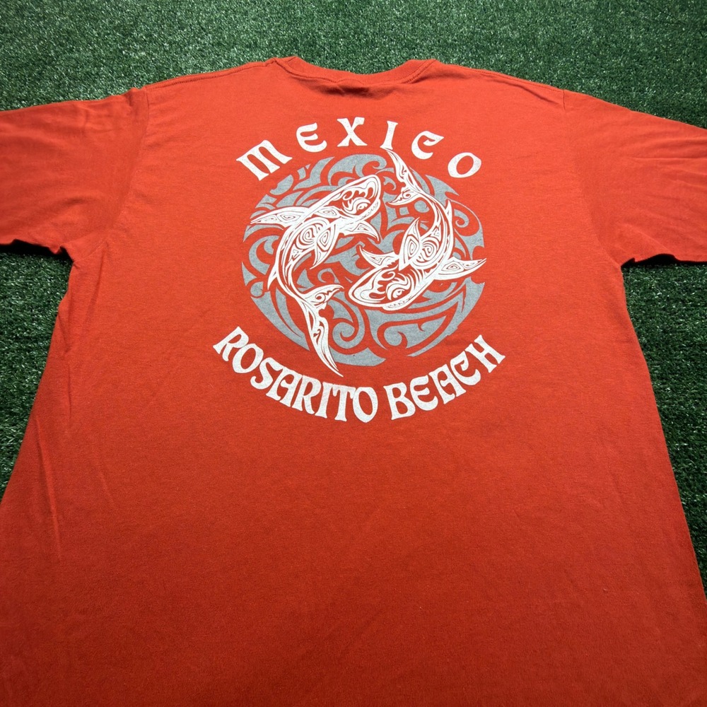 VTG Y2K SURF Mens Rosarito Beach Mexico Shark Graphic T-Shirt Orange Size Large